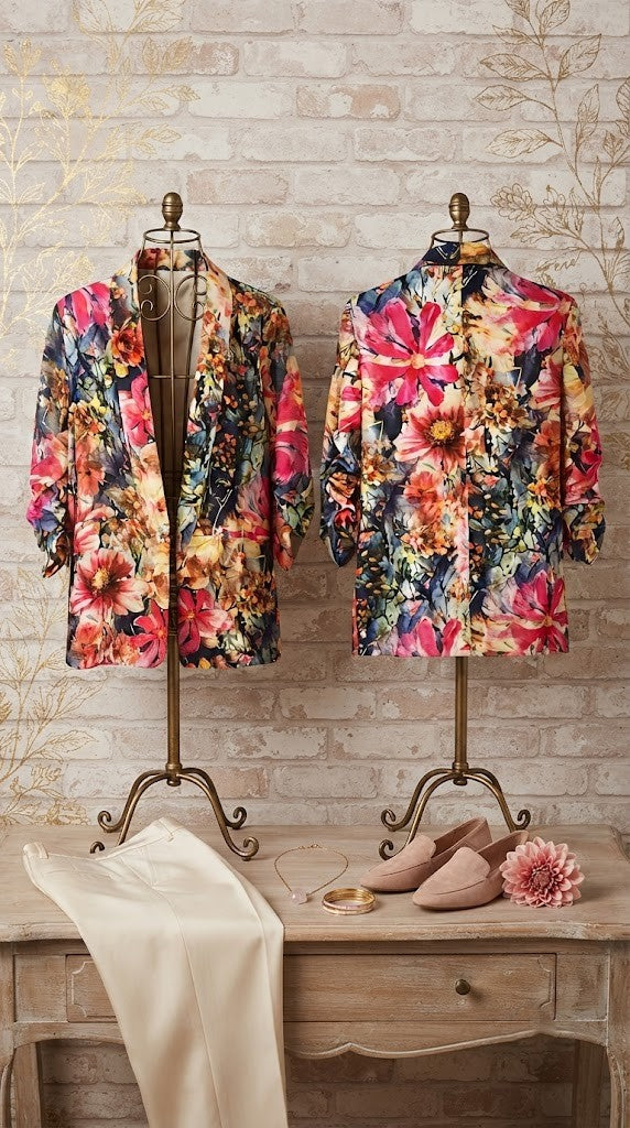 Vibrant Floral Print Ruched-Sleeve Blazer – Size Small