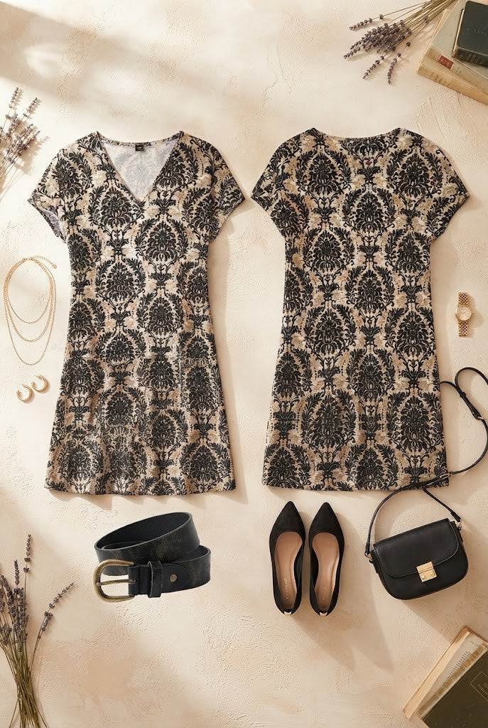 Elegant Damask Print V-Neck Shift Dress – Neutral & Black, Size 36