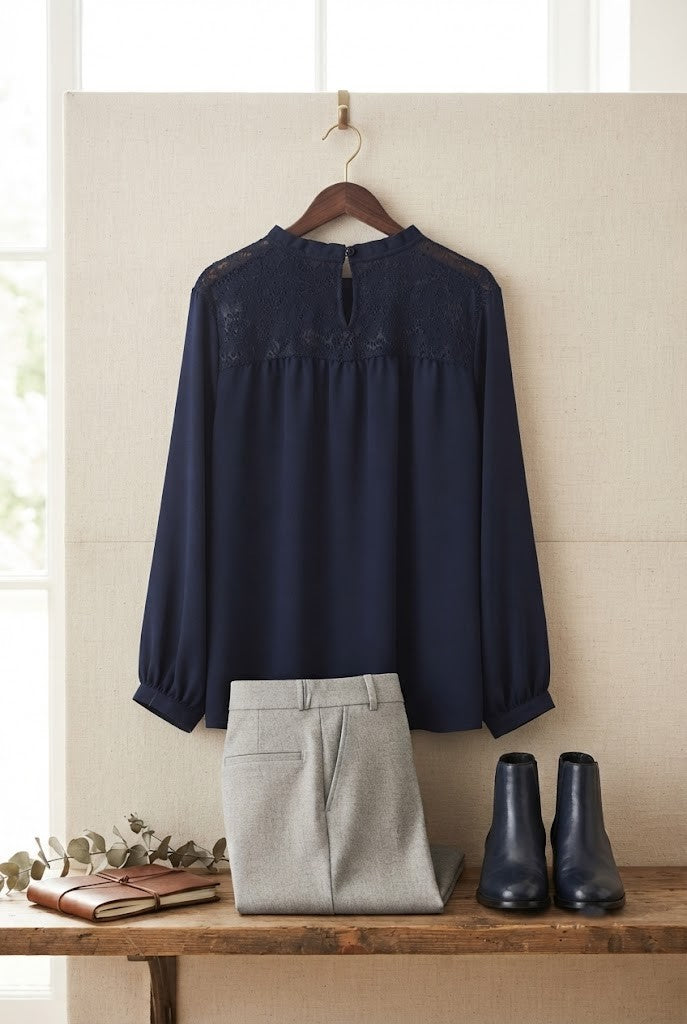Donna Claire Navy Lace-Trimmed Blouse – Elegant Long Sleeve Top, Size 52