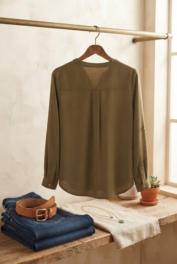 Oasis Long-Sleeve Olive Utility Blouse | Women’s Size 32
