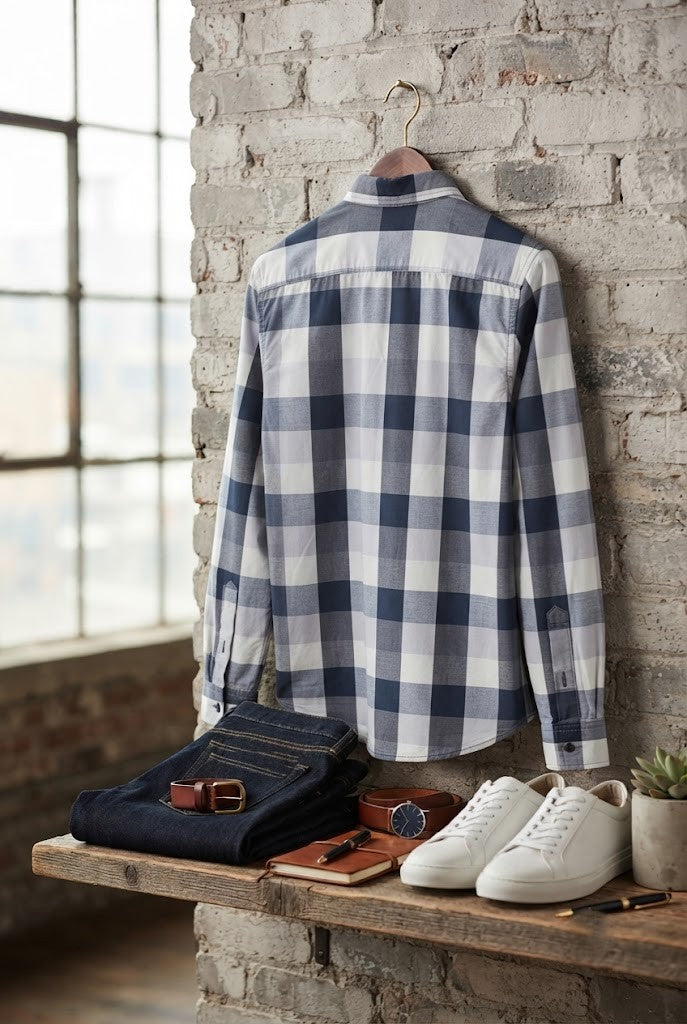 Oakridge Men’s Long-Sleeve Plaid Button-Down Shirt – Navy & White – Size Small