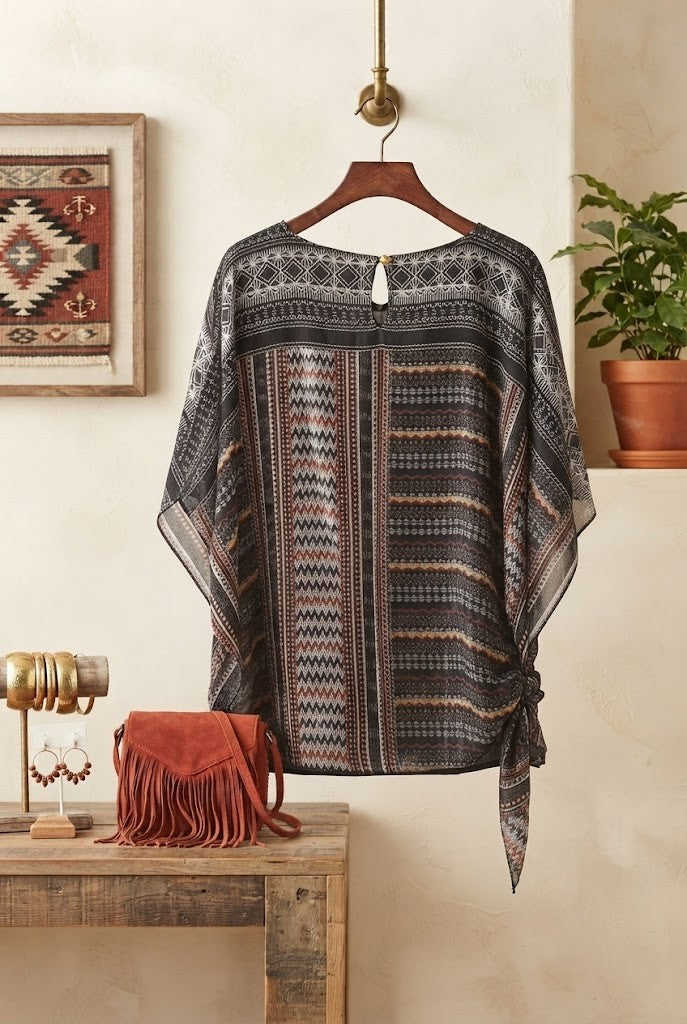 Boho-Chic Geometric Pattern Tie-Side Blouse – Size XL – Excellent Condition