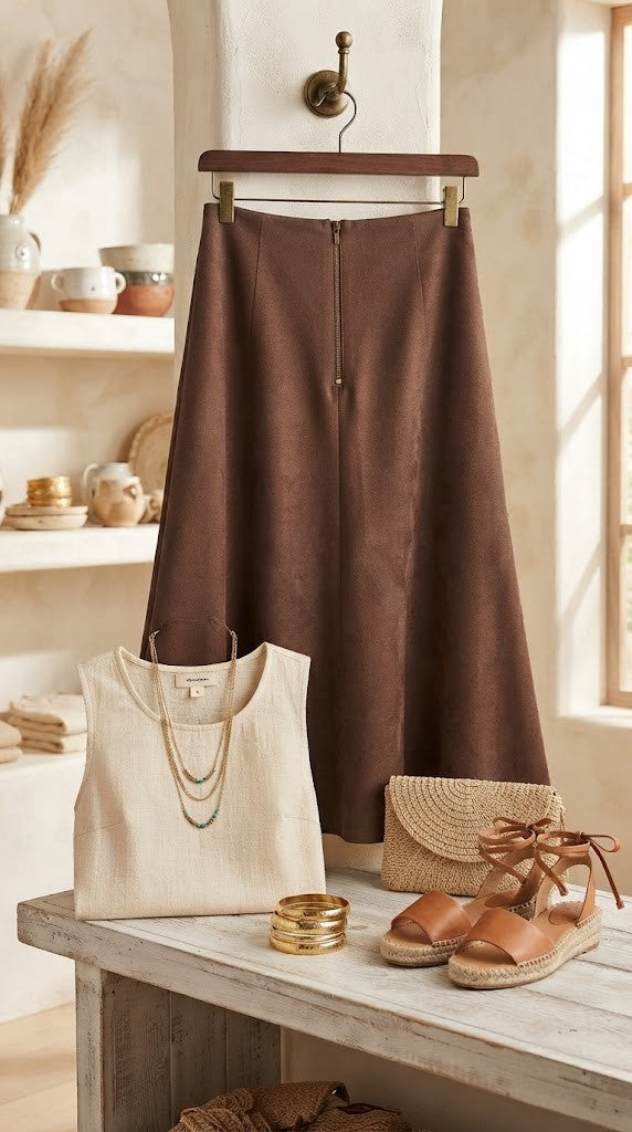 Contempo Suede-Feel Midi Skirt (Size 36)