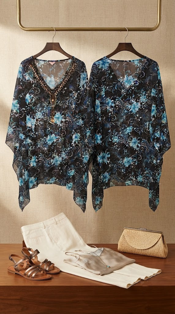 Blue Floral Embellished V-Neck Chiffon Shawl/Kaftan – Excellent Condition (Size 2XL)