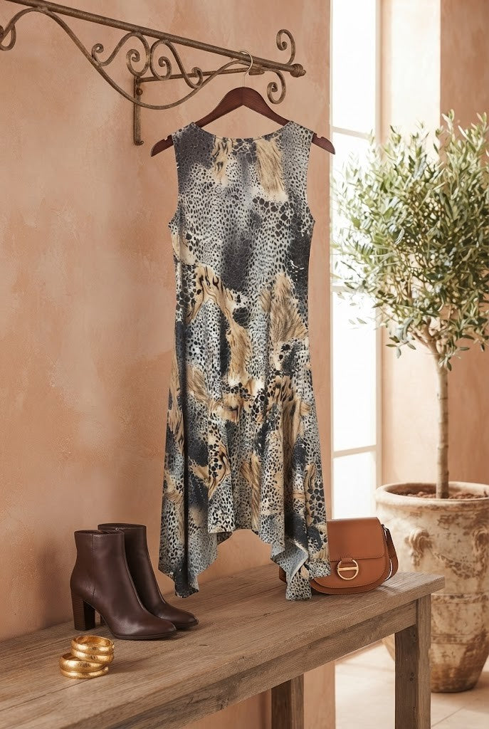 Chic Animal-Print Asymmetrical Hem Midi Dress – Size M, Excellent Condition