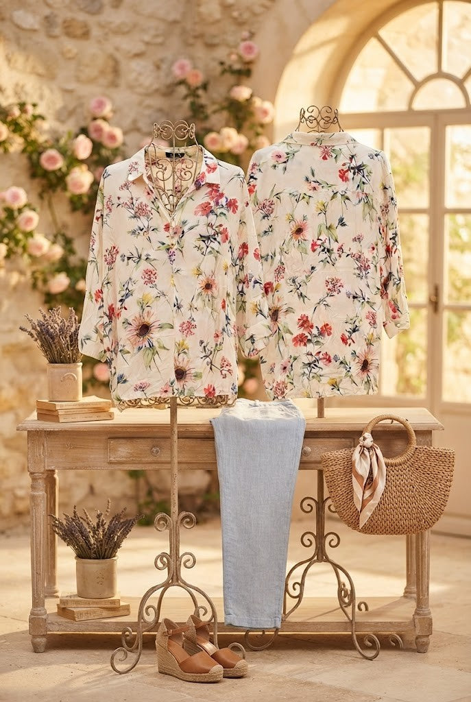 Floral Print V-Neck Relaxed Blouse - Size 44