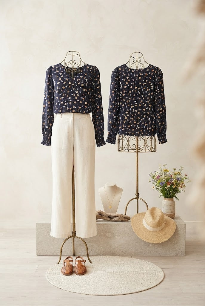 Chic Navy Floral V-Neck Blouse with Smocked Cuffs – Size 36