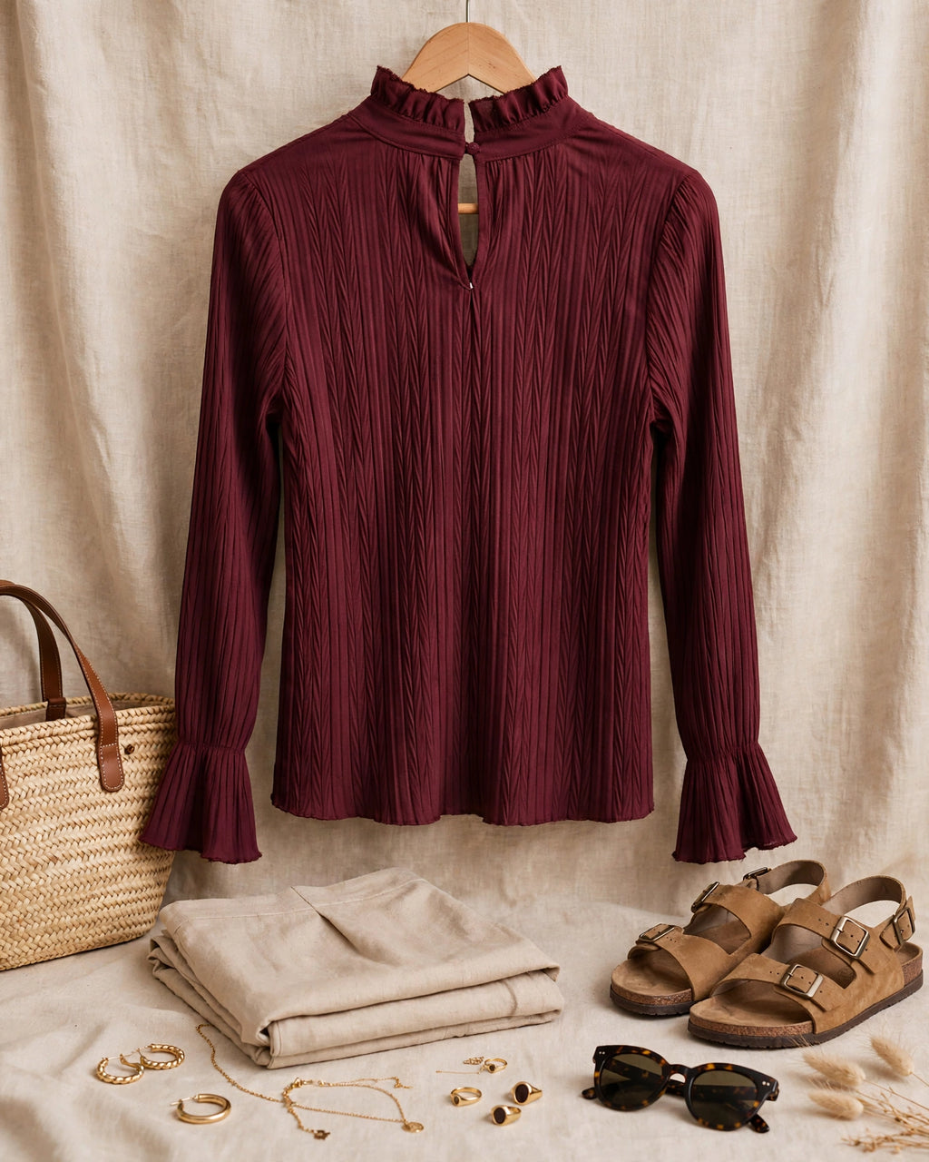 New Feeling Burgundy Pleated Blouse with Bow Tie - Size Small