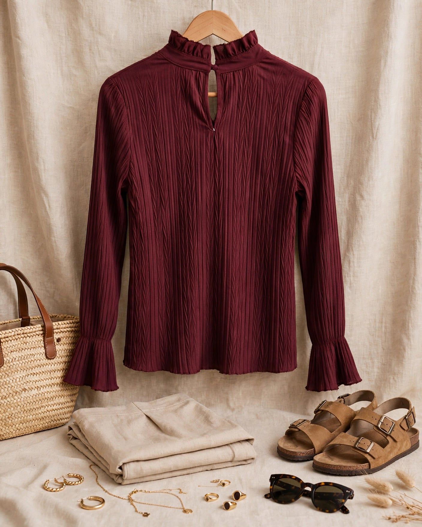 New Feeling Burgundy Pleated Blouse with Bow Tie - Size Small