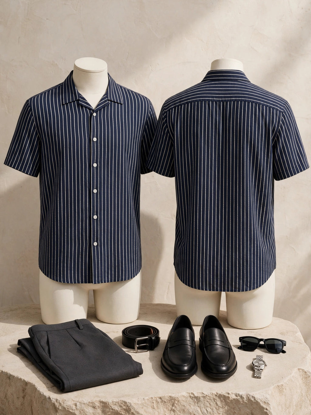 Vintage-Inspired Navy Pinstripe Bowling Shirt - Mens XL