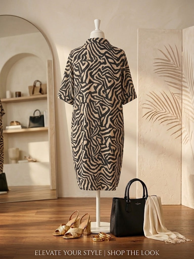Elegant Zebra Print Viscose Midi Shirt Dress – Excellent Condition (Size L)