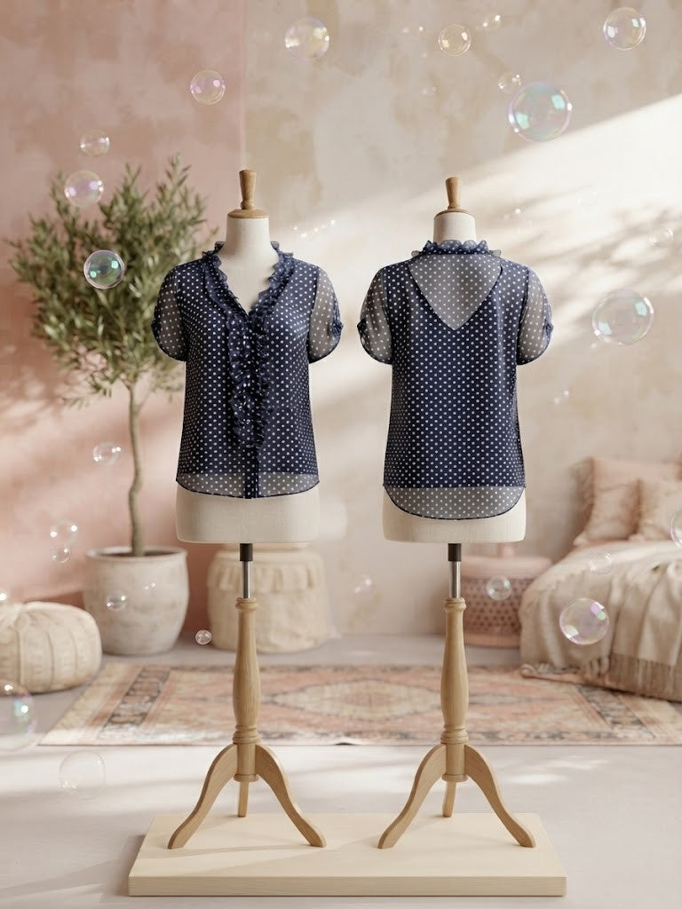 Pre-Loved Navy Polka Dot Ruffled Blouse – Size Medium