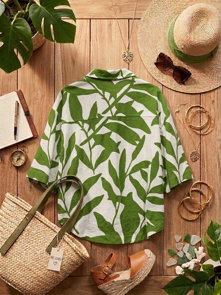 Foschini Green & White Leaf Print Button-Down Blouse - Size Large