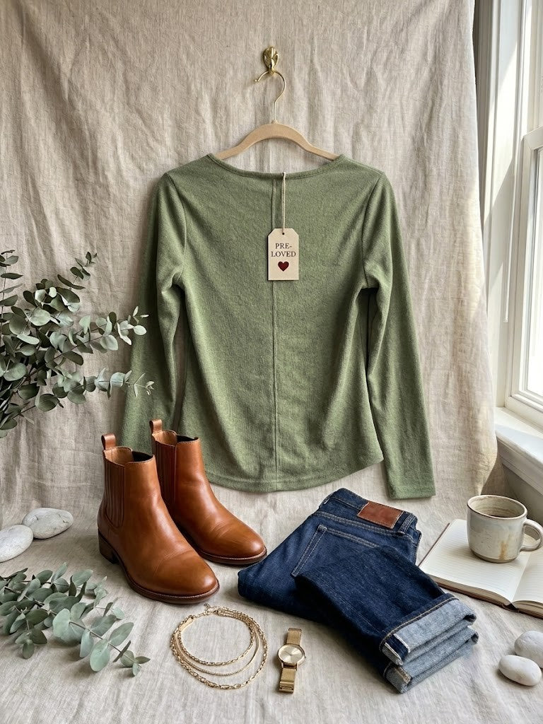 Women's Sage Green Long-Sleeve Top – Size Small, Excellent Condition