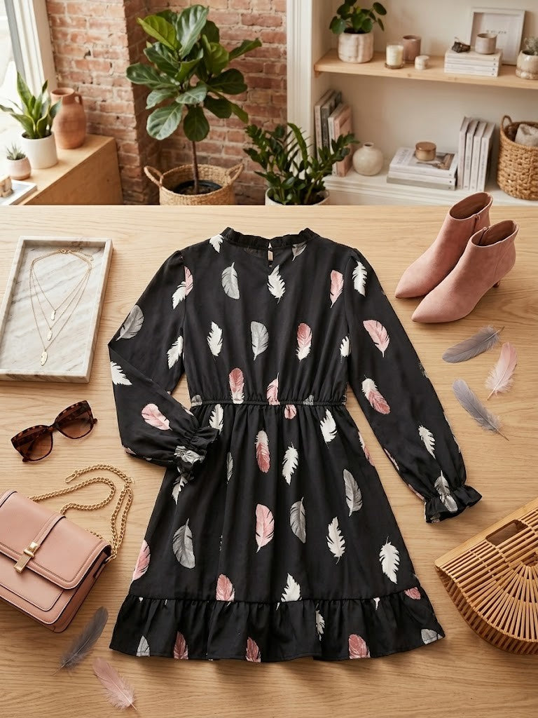 David Jones Feather Print Long Sleeve Mini Dress - Size XL, Excellent Condition