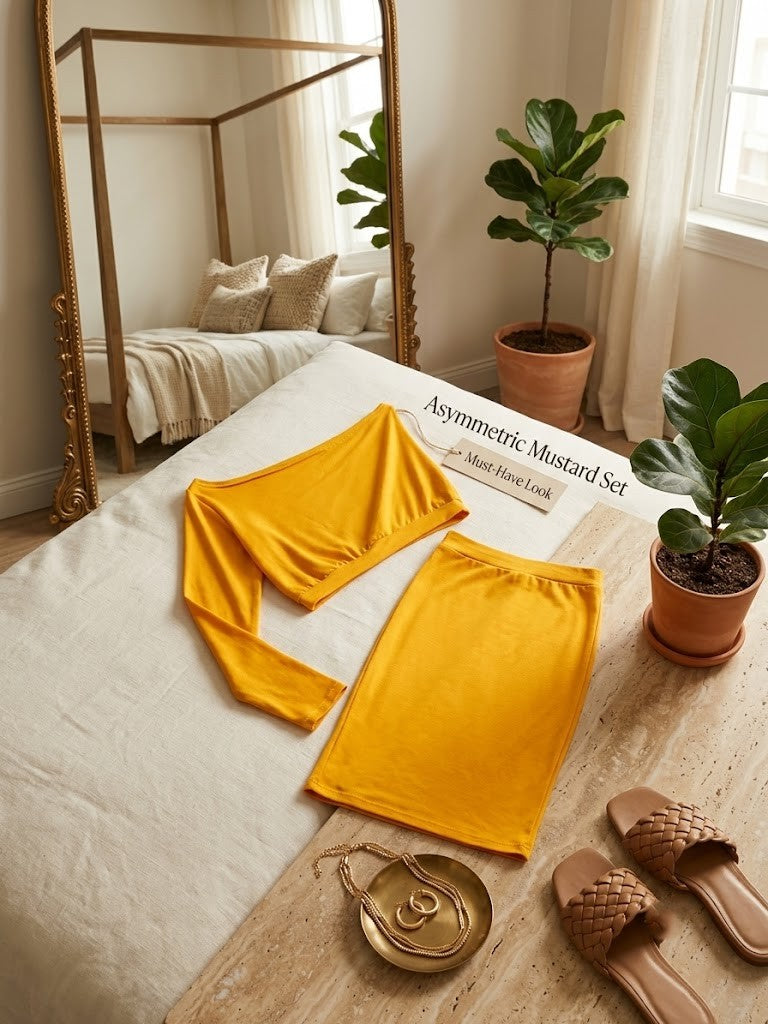 Asymmetric Mustard Two-Piece Set – Size XL, Excellent Condition