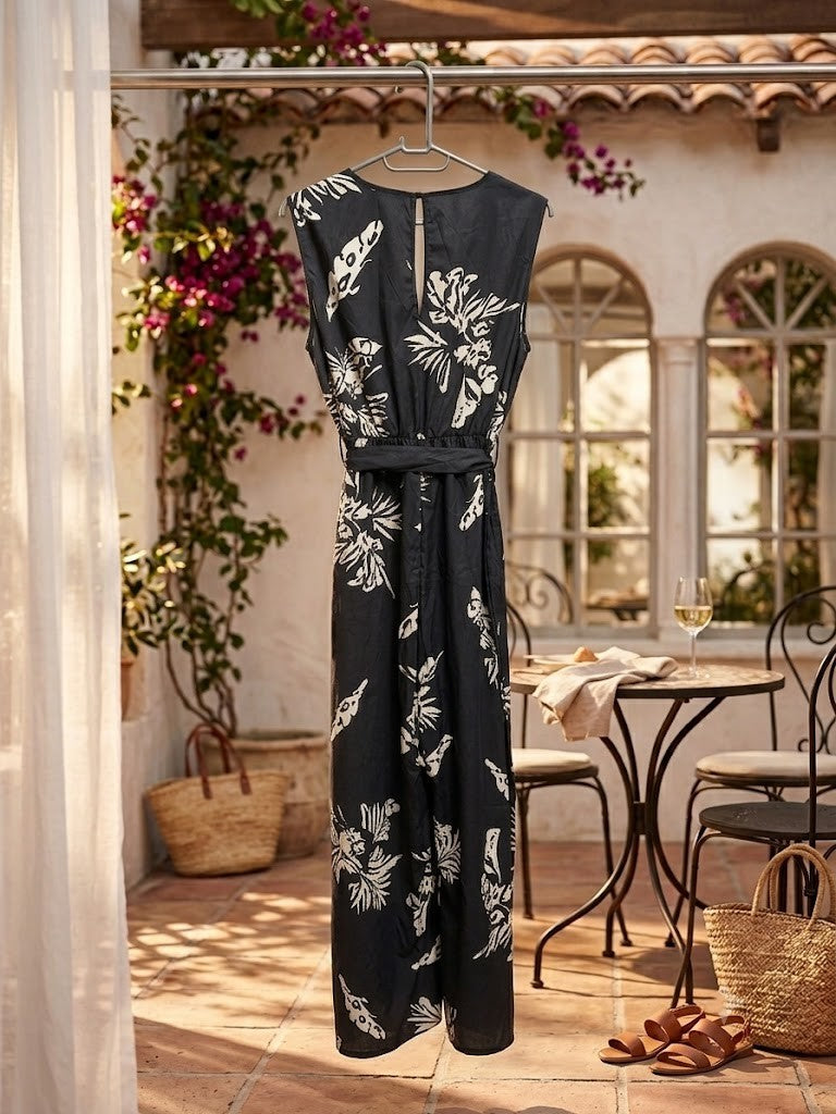 Floral Print V-Neck Sleeveless Jumpsuit - Size XL