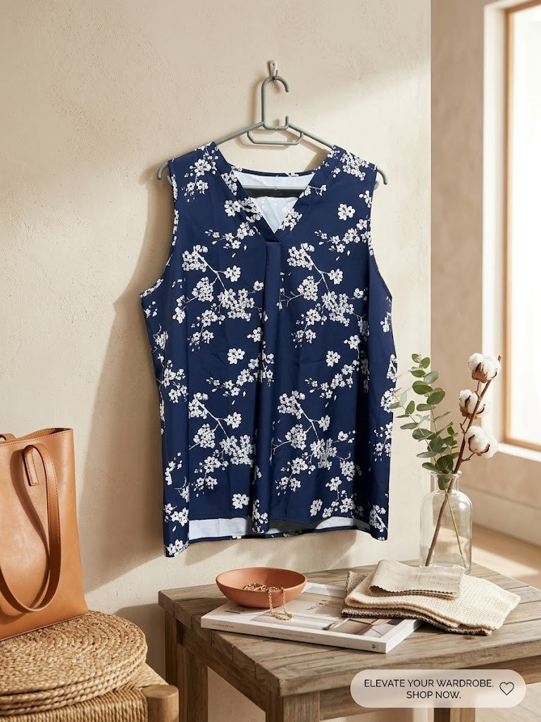 Navy Floral Sleeveless V-Neck Blouse – Excellent Condition