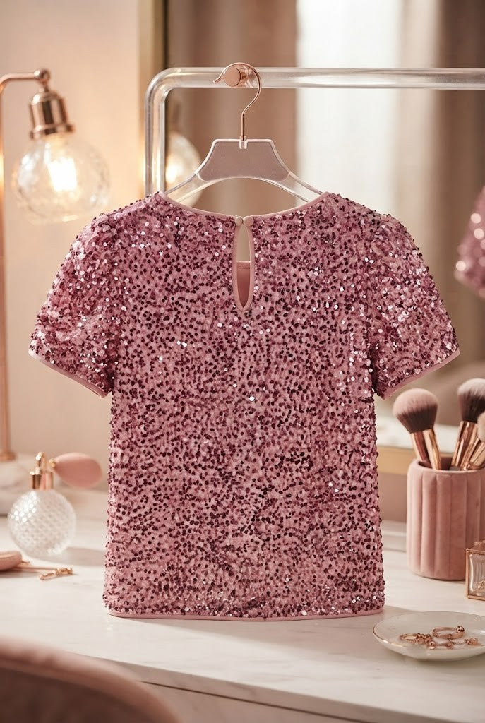 Women's Shimmering Rose Gold Sequin Short-Sleeve Blouse – Size Medium