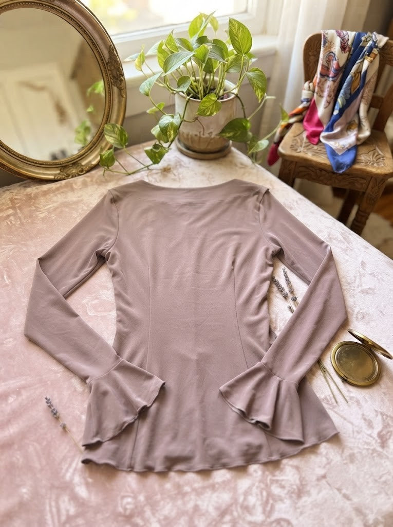 Elegant Ruffled Wrap-Front Long Sleeve Blouse – Dusty Mauve, Size Medium