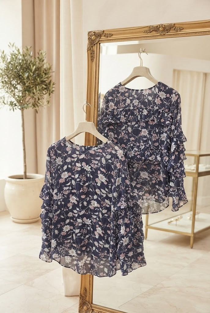 Modern Dynasty Ruffled Floral Blouse - Navy Blue, Size XL