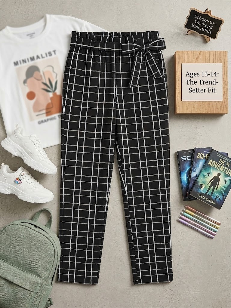 Bloc Trendy Grid-Print Paperbag Waist Pants – Size 13-14 Years