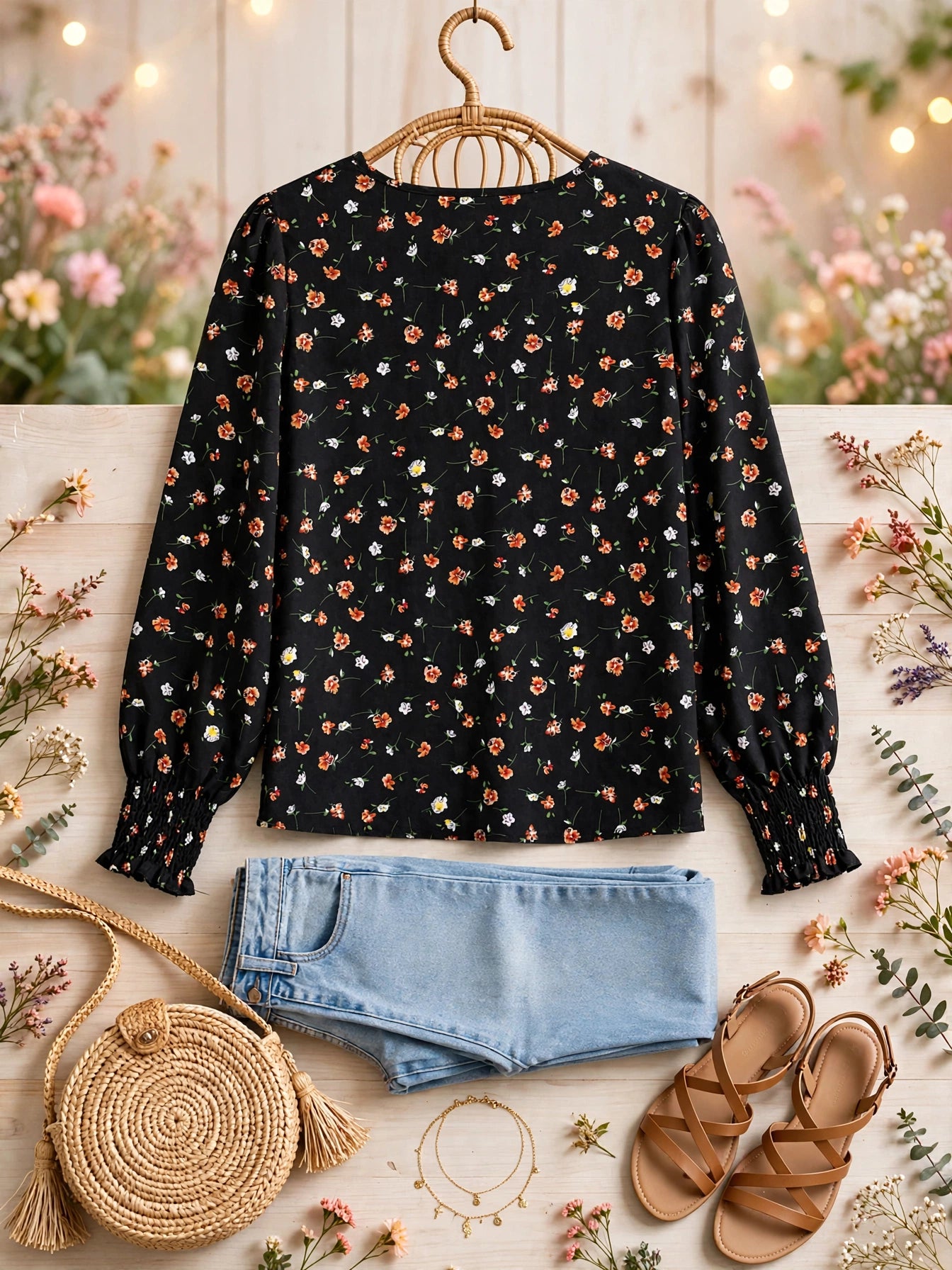 The Daisy Daydream Blouse - Black Orange Floral Wrap Top - Small