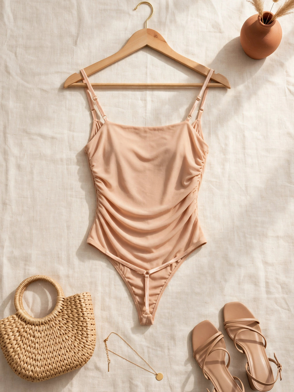 Beige Draped Cowl Neck Ruched Bodysuit - Size Small
