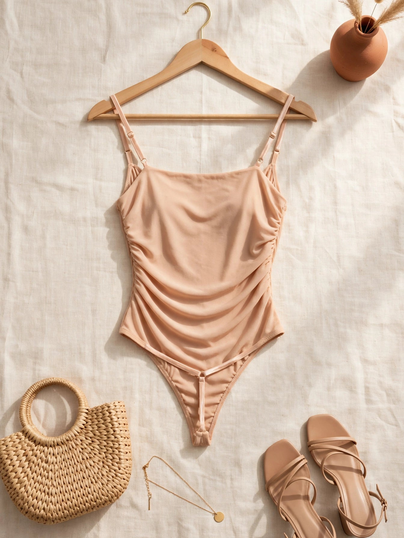 Beige Draped Cowl Neck Ruched Bodysuit - Size Small