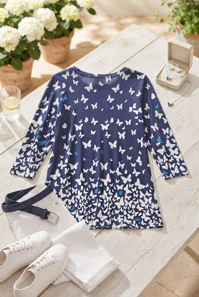 Queenspark Blue Butterfly Print 3/4 Sleeve Blouse - Size Large