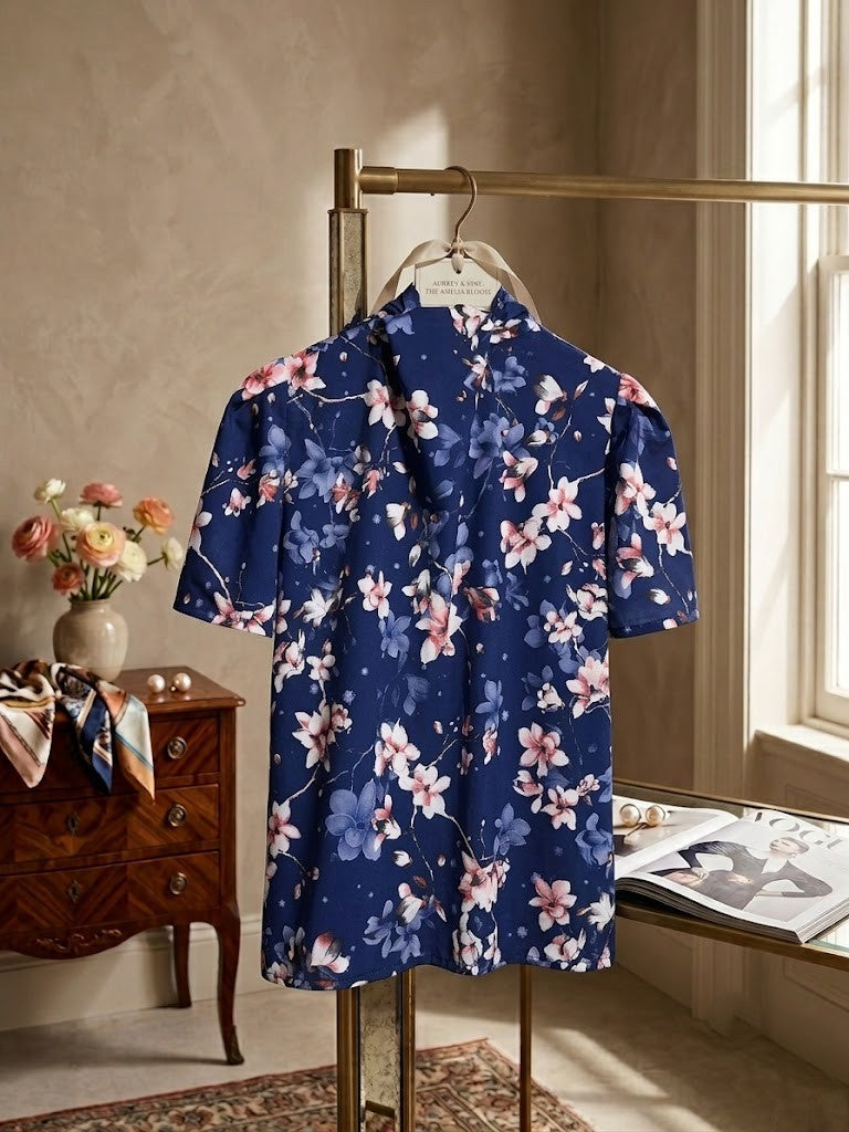 Navy Blue Floral Bow-Tie Blouse - Size Medium