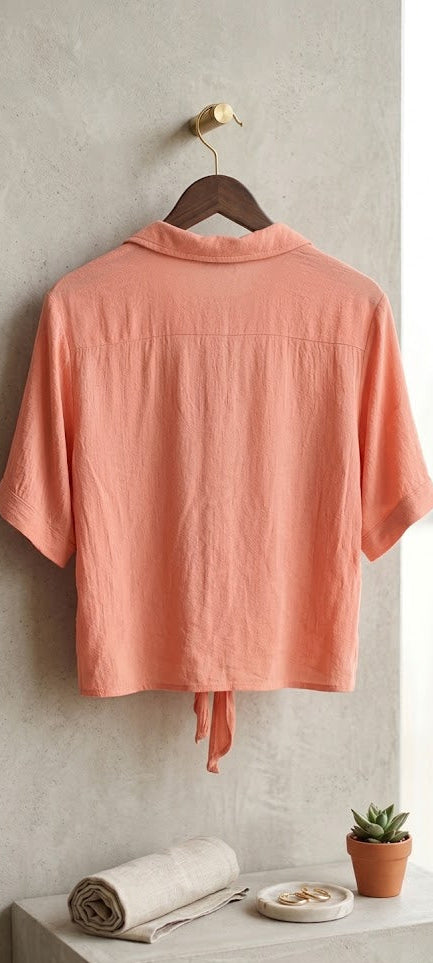 Woolworths Peach Viscose Tie-Front Short Sleeve Shirt