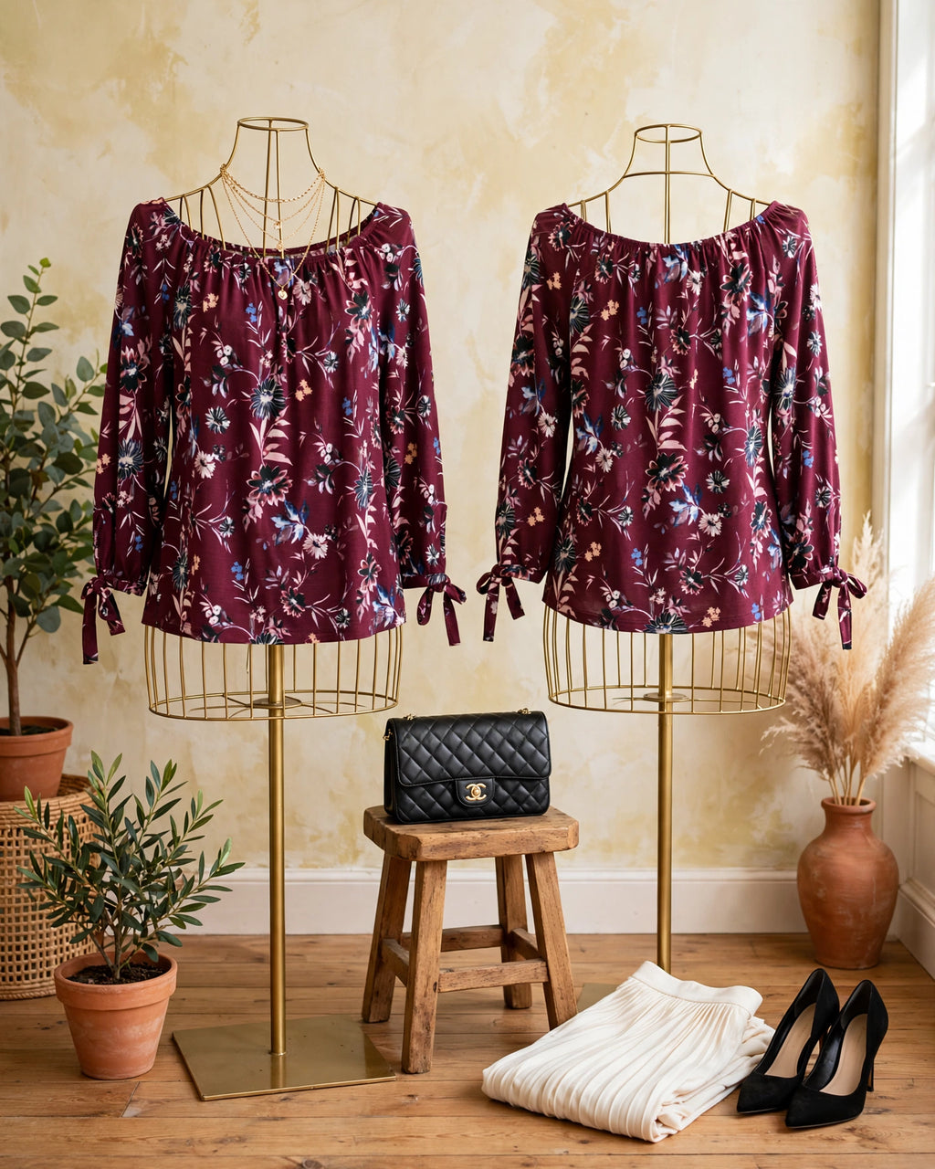 Burgundy Floral Off-Shoulder Blouse with Tie Cuffs | Size 36