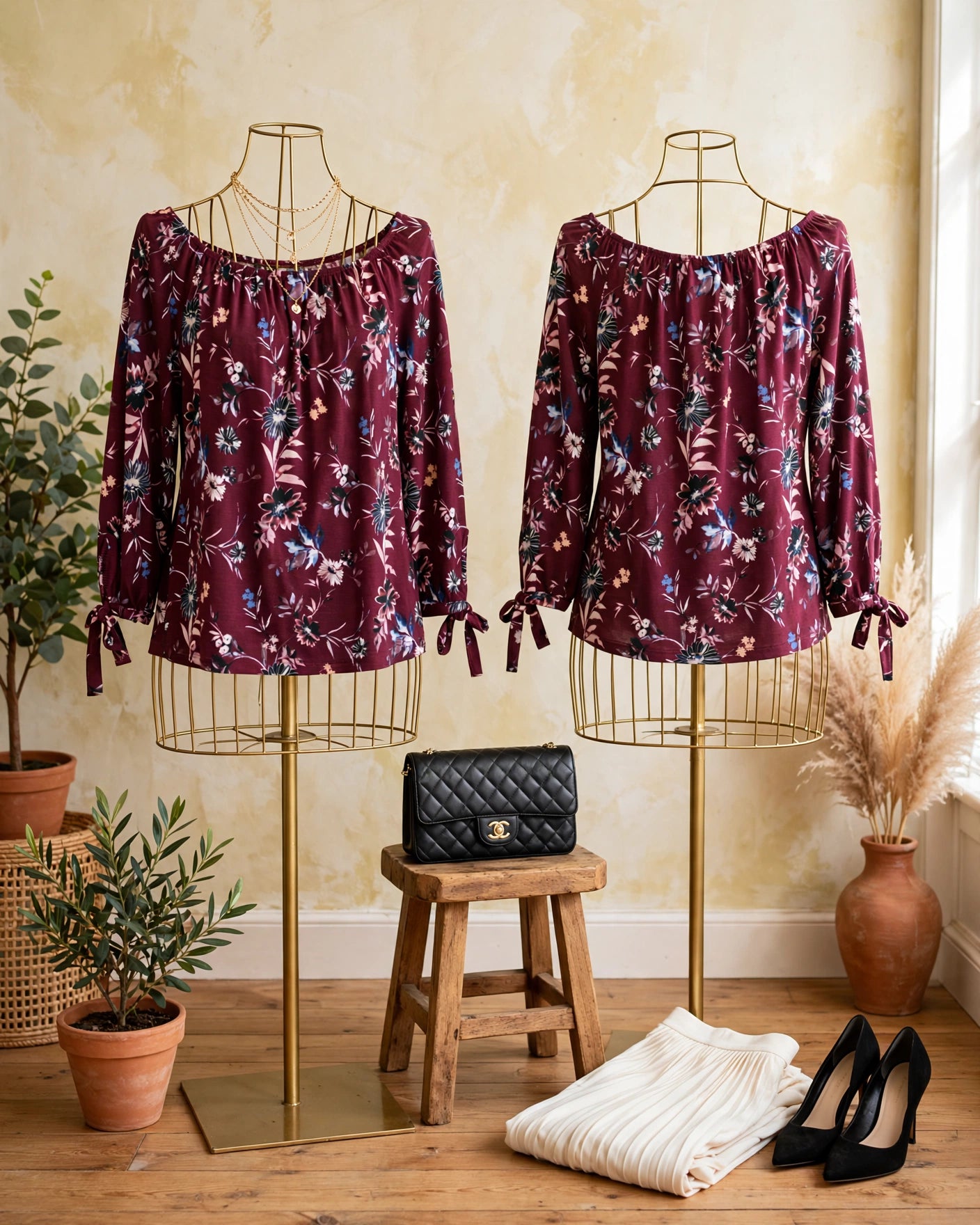 Burgundy Floral Off-Shoulder Blouse with Tie Cuffs | Size 36