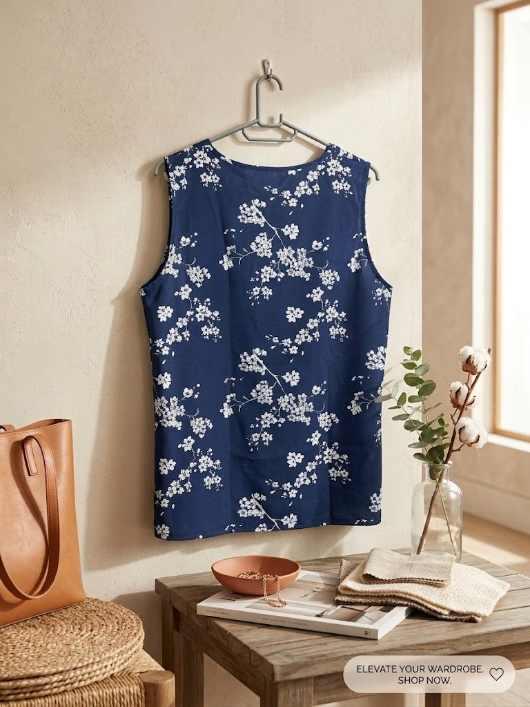 Navy Floral Sleeveless V-Neck Blouse – Excellent Condition