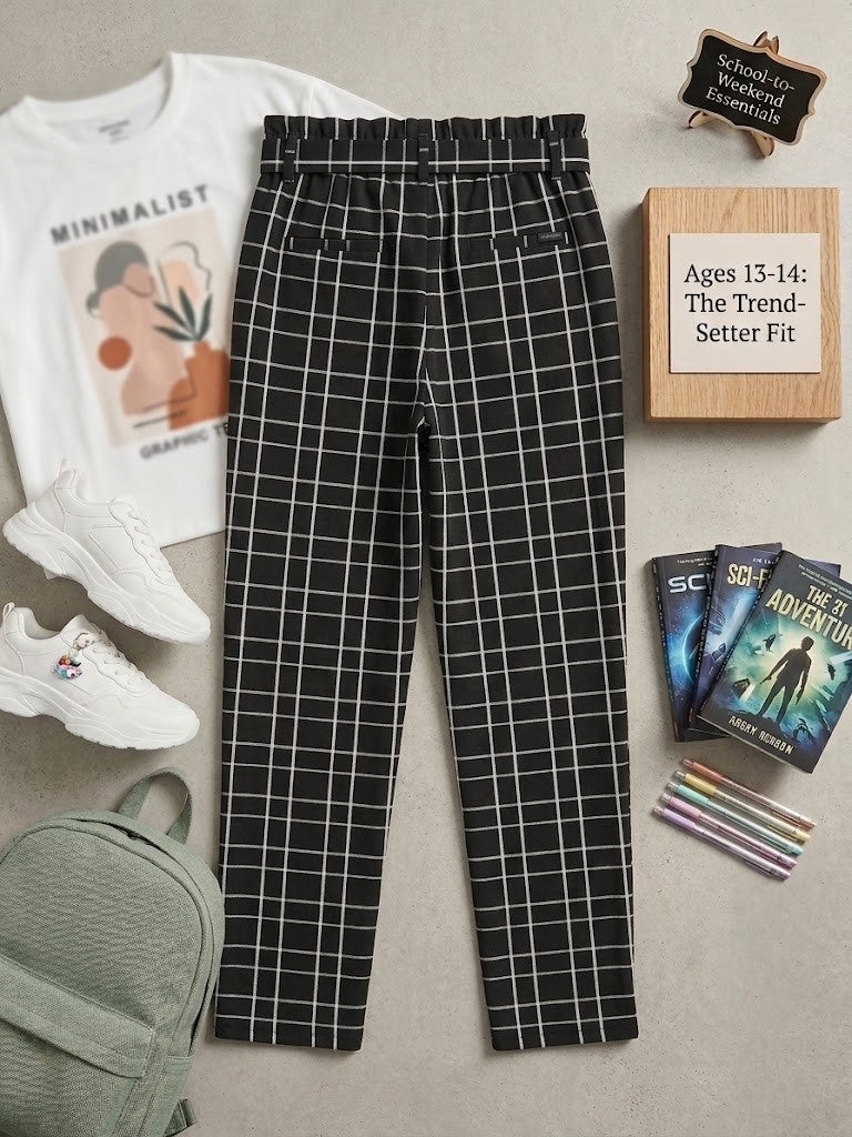 Bloc Trendy Grid-Print Paperbag Waist Pants – Size 13-14 Years