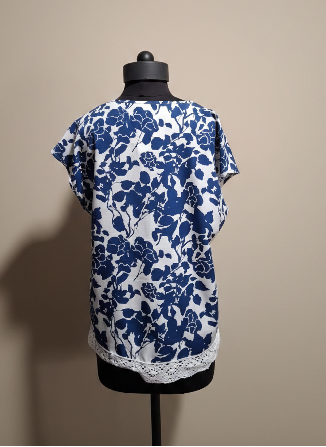 Indigo Floral V-Neck Blouse with Crochet Lace Hem
