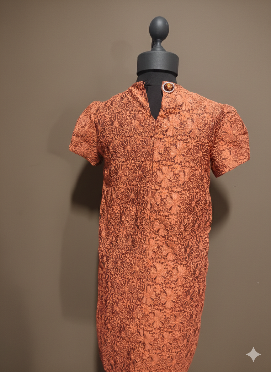 Vintage-Inspired Burnt Orange Lace Overlay Dress with Front Slit Detail