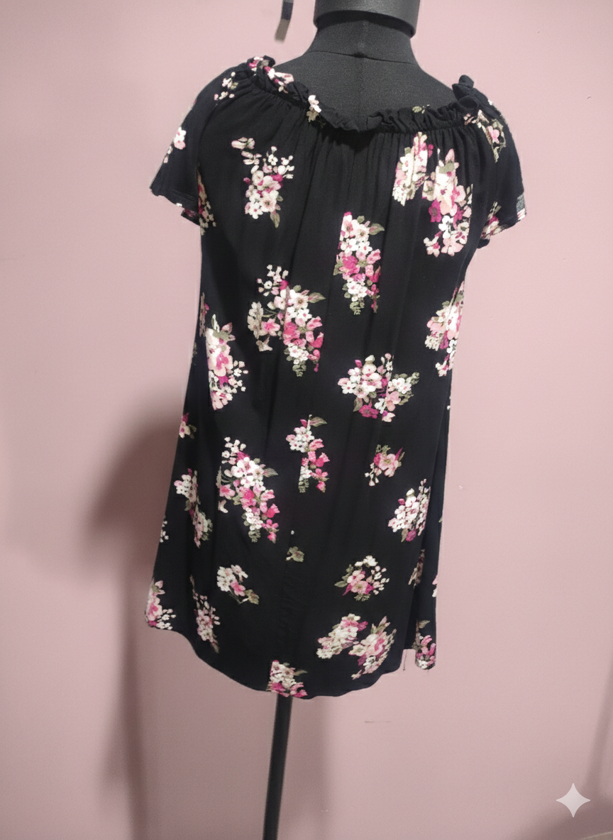 Black Floral Off-Shoulder Mini Dress - Pink Rose Print