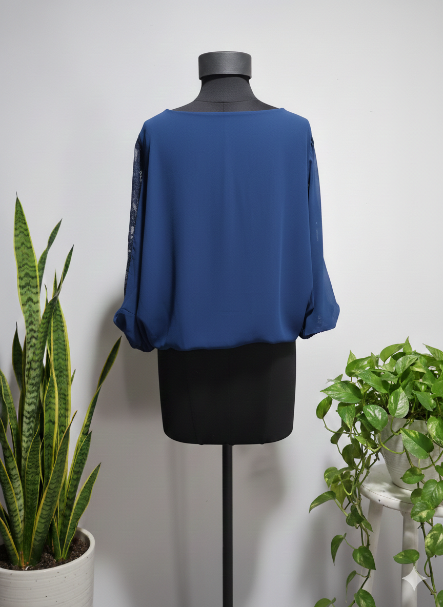 Royal Blue Pleated Chiffon Top - Lace Cut-Out Sleeves