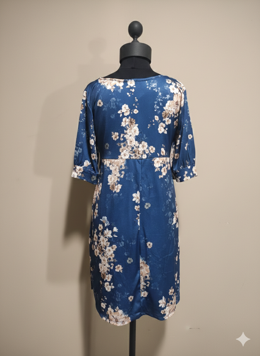 Navy Floral A-Line Dress with 3/4 Sleeves