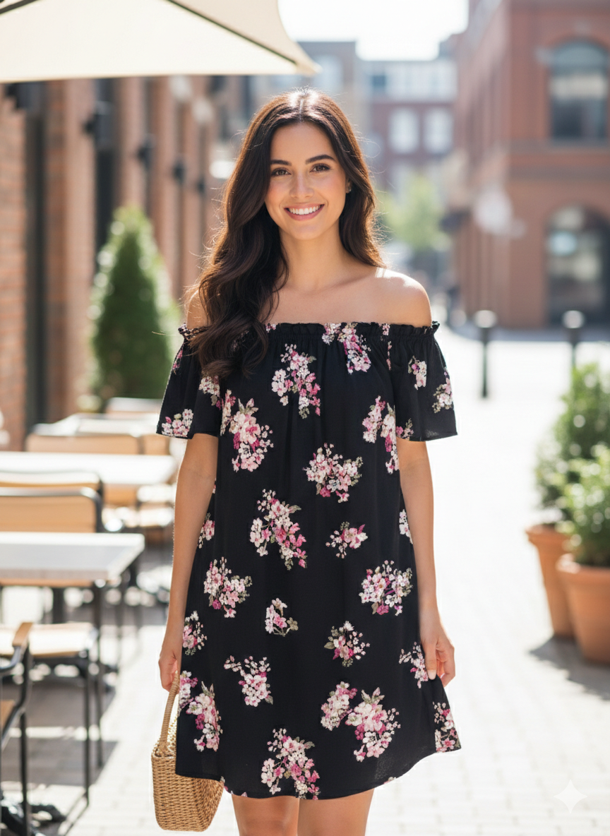 Black Floral Off-Shoulder Mini Dress - Pink Rose Print