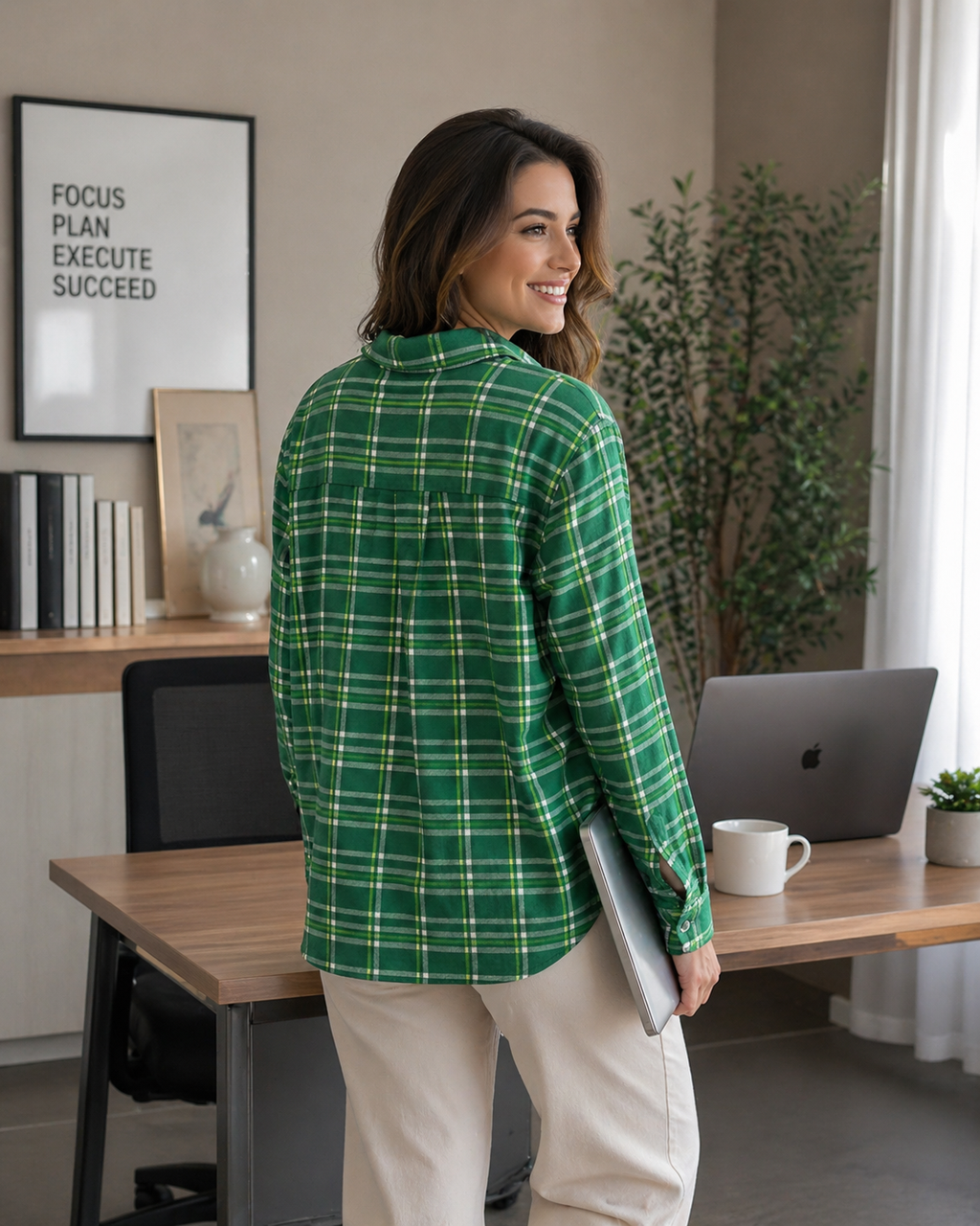 Vibrant Green Plaid Long-Sleeve Button-Down Blouse