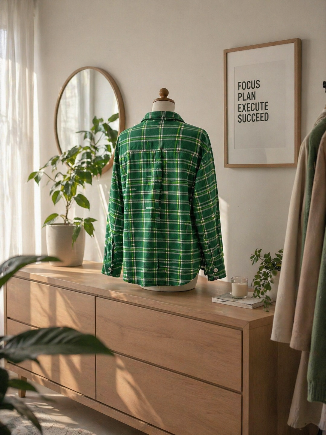 Vibrant Green Plaid Long-Sleeve Button-Down Blouse