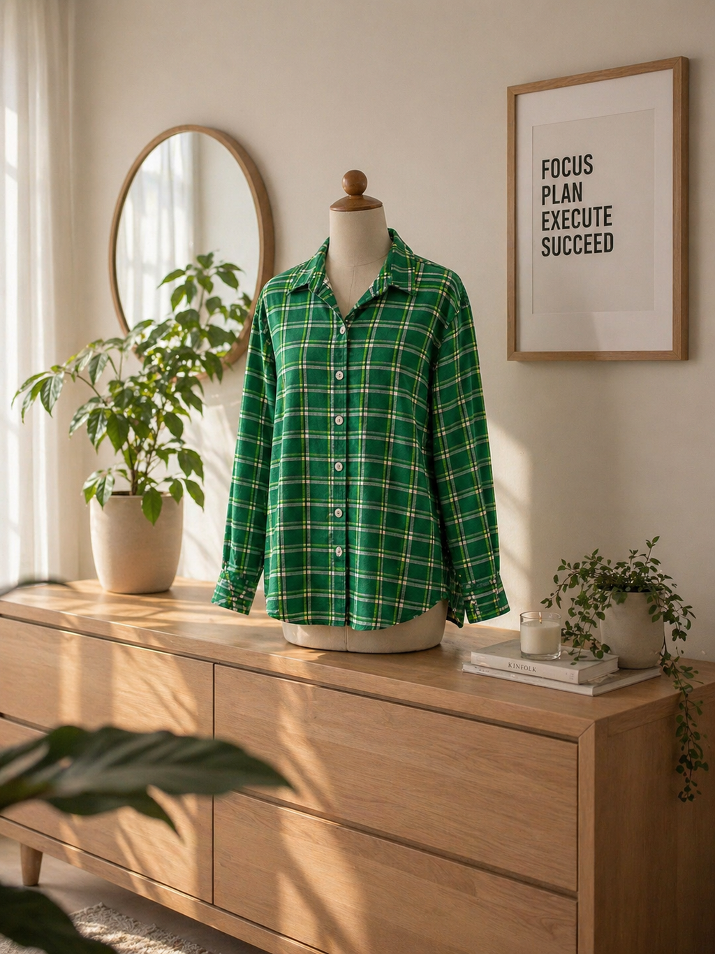 Vibrant Green Plaid Long-Sleeve Button-Down Blouse