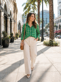 Vibrant Green Plaid Long-Sleeve Button-Down Blouse