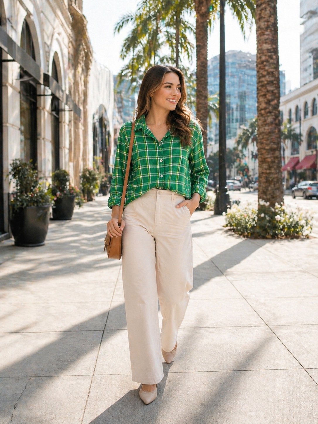 Vibrant Green Plaid Long-Sleeve Button-Down Blouse