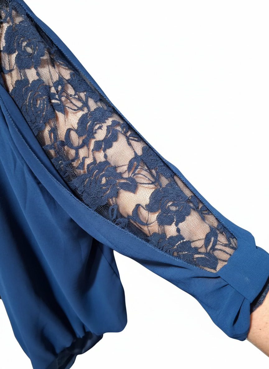 Royal Blue Pleated Chiffon Top - Lace Cut-Out Sleeves