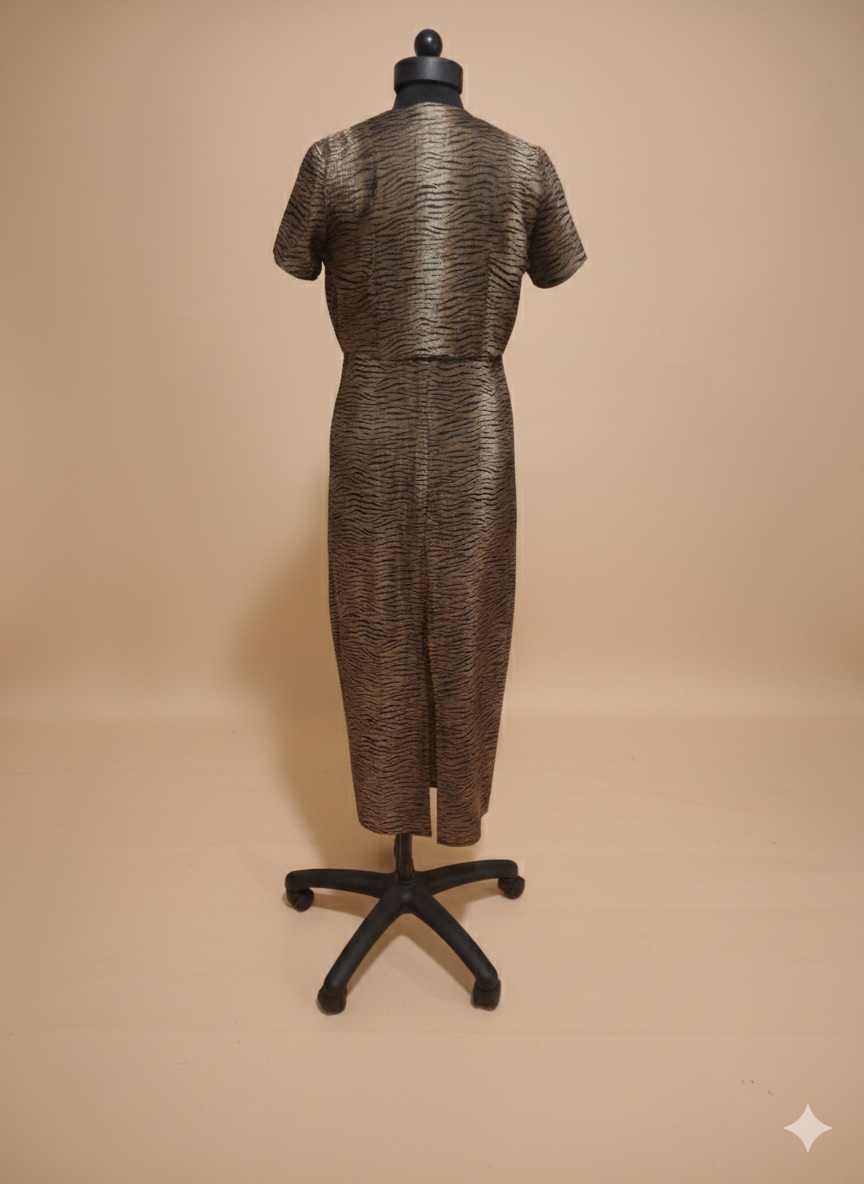 Elegant Metallic Tea-Length Evening Dress & Short Sleeve Jacket Set
