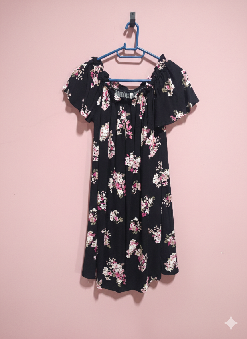 Black Floral Off-Shoulder Mini Dress - Pink Rose Print